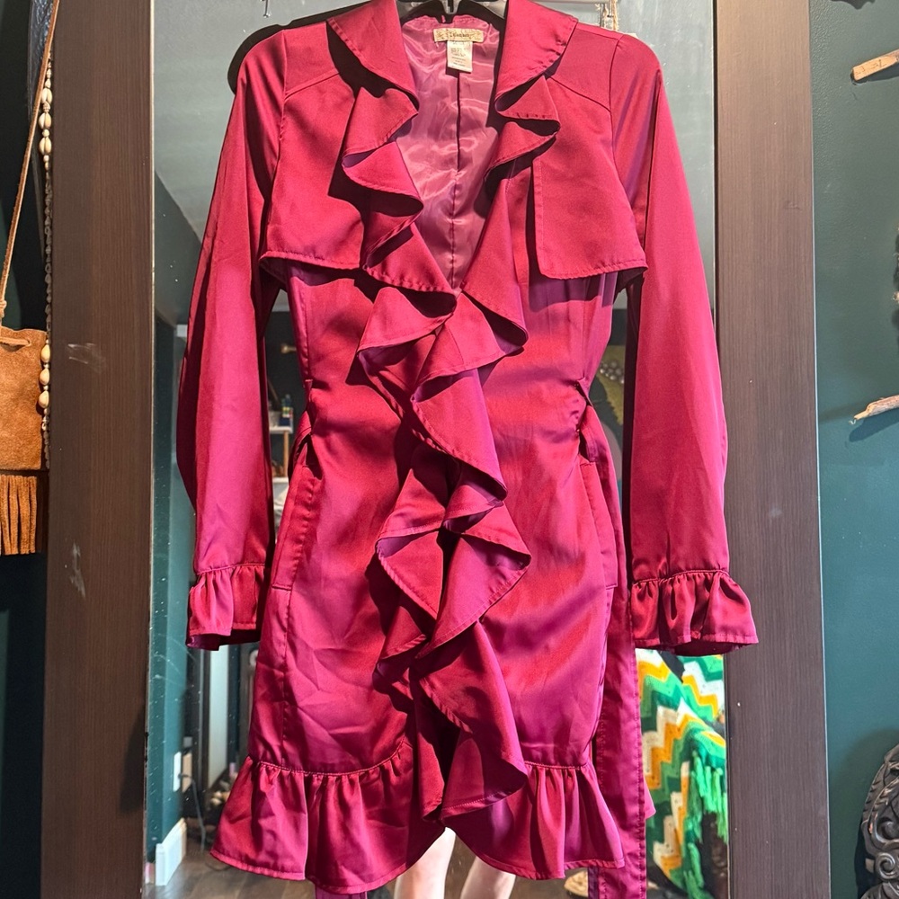 Burgundy and pink Satin Ruffle Coat Dress